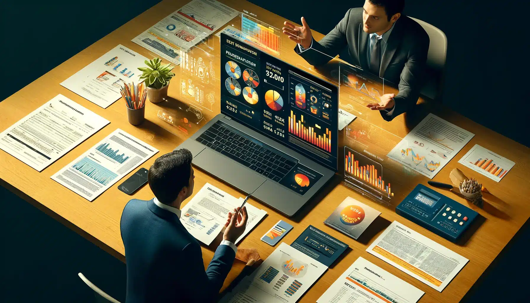 Financial advisor and client collaborate over financial charts on a laptop, discussing strategic financial planning.