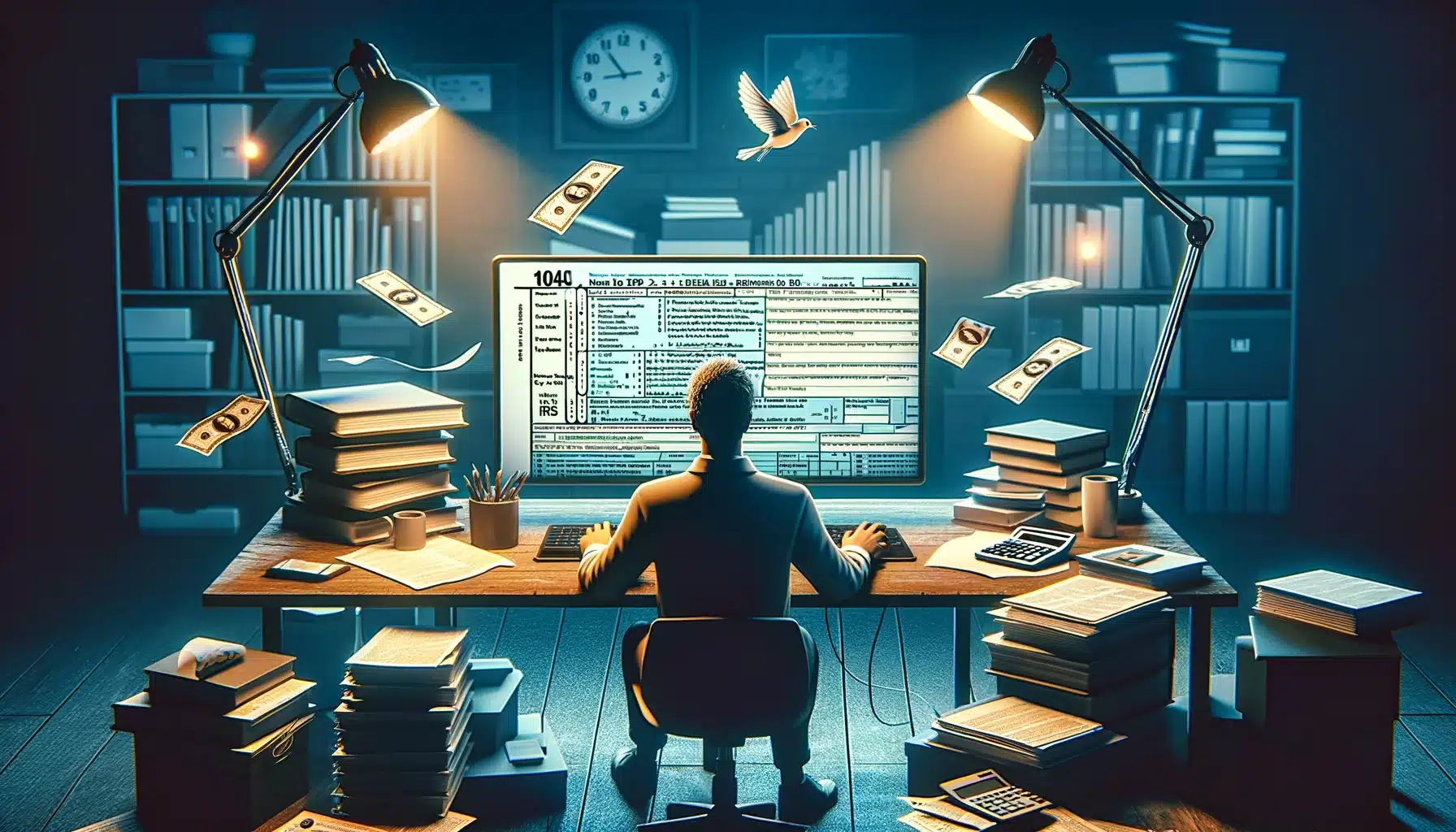 Detailed view of a taxpayer focused on efficiently filing Form 1040, surrounded by research materials and tools for optimizing tax returns, embodying the precision and potential benefits of informed tax planning.