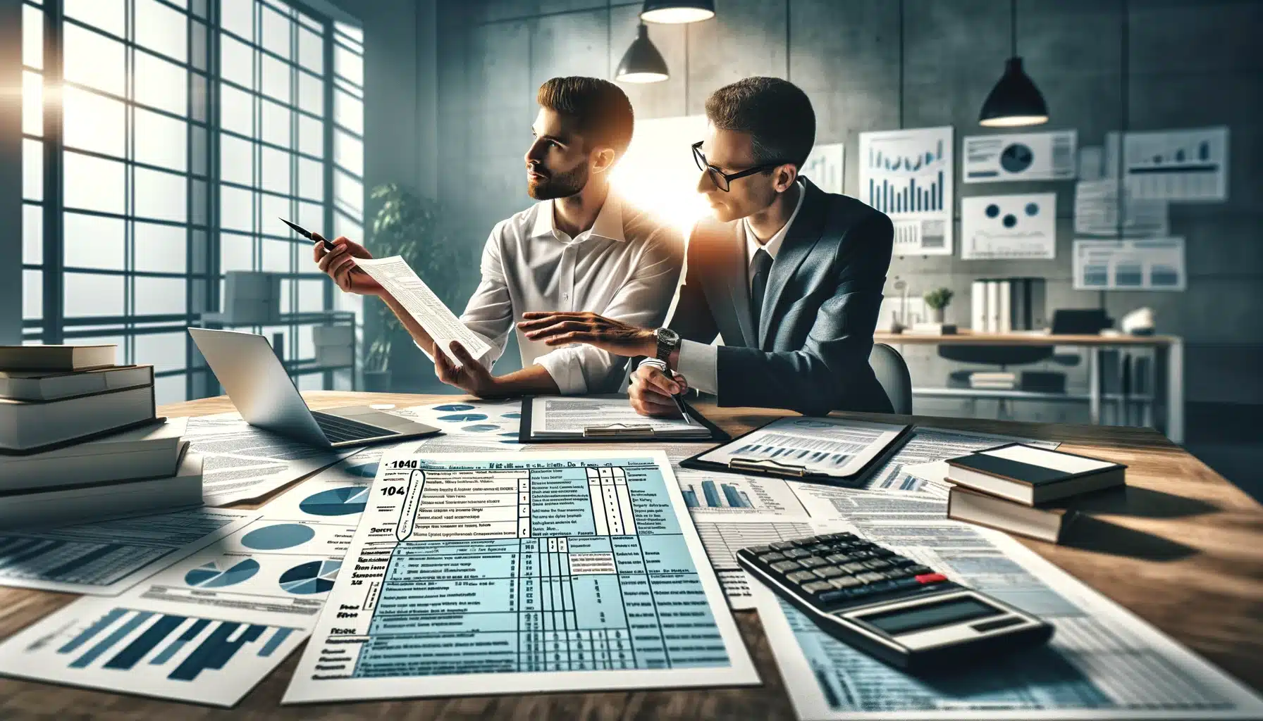 A tax professional advising a client on Form 1040, with financial charts and a digital tablet on the office desk.