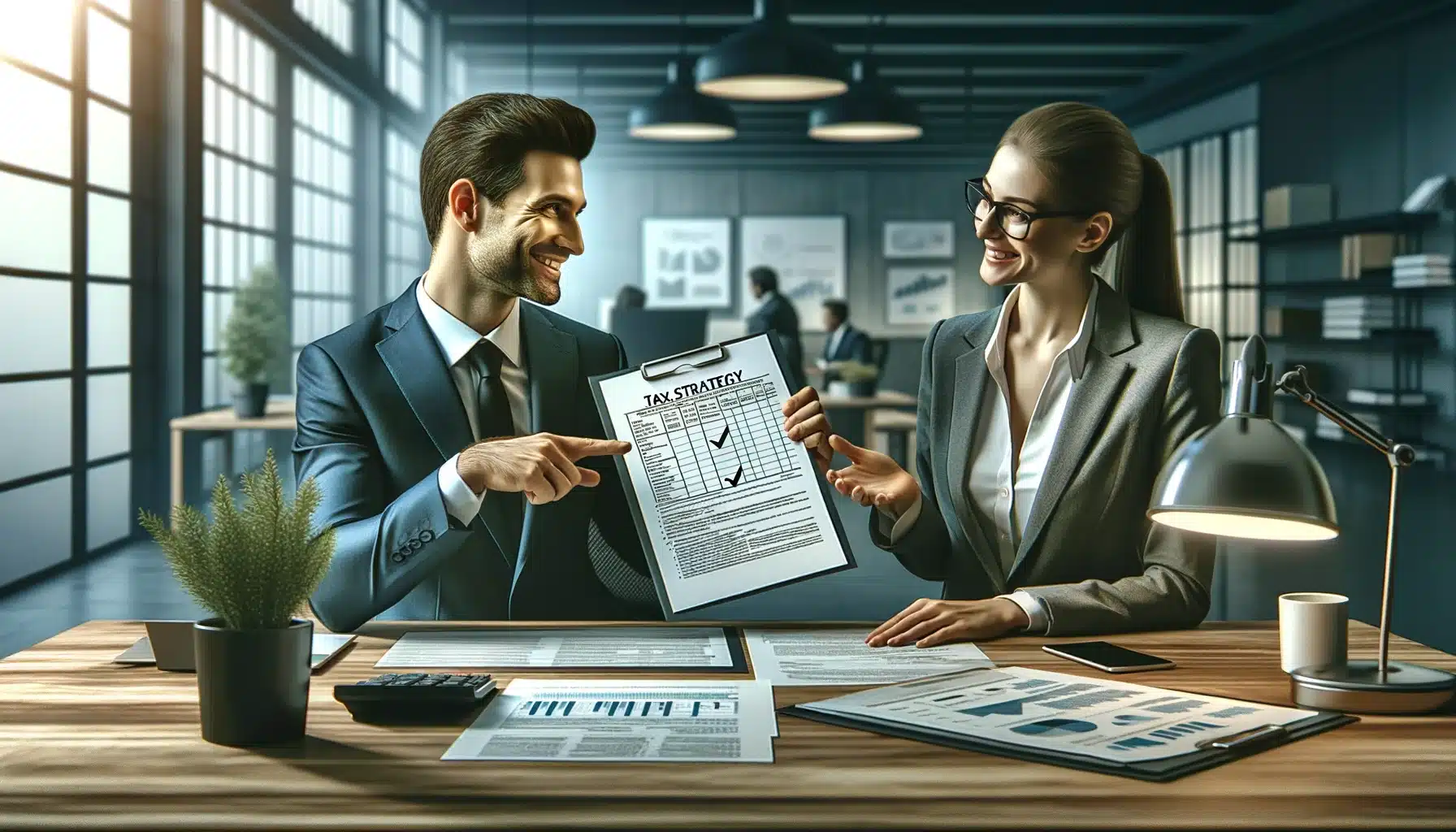 Tax expert advising a business client on strategic tax planning, indicating thorough and personalized service.