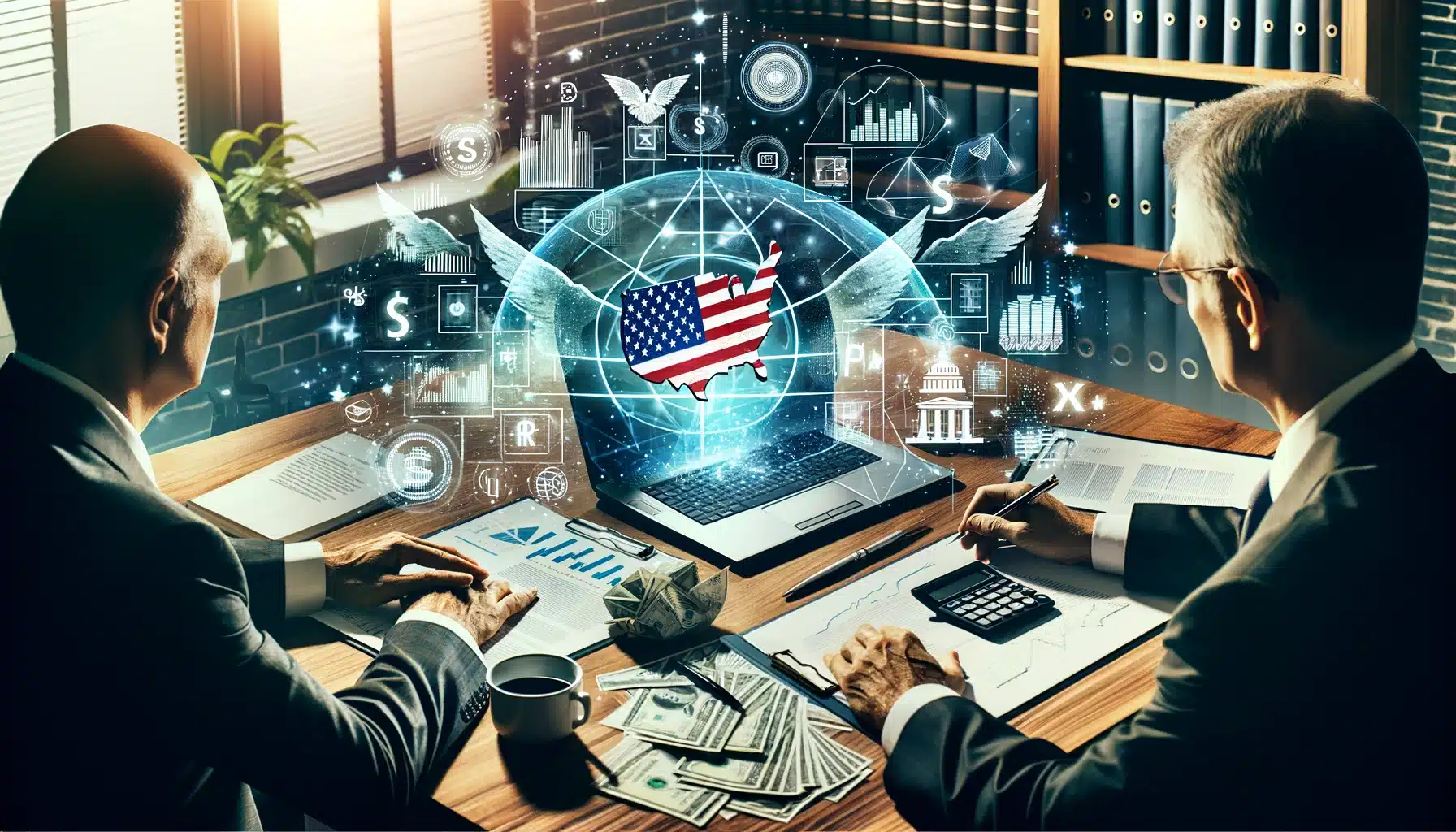 Financial advisor and client strategize over tax planning and financial services, emphasizing professional guidance and US financial decision-making.