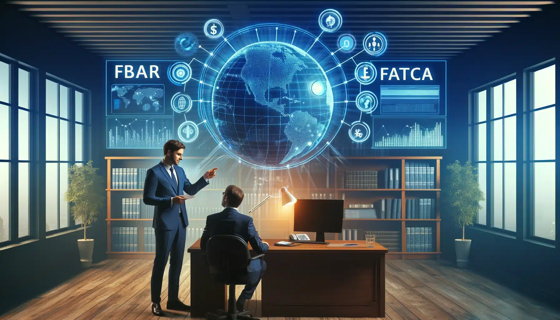 Tax consultant advises a client on FBAR and FATCA compliance, with a world map and documents illustrating global expertise.