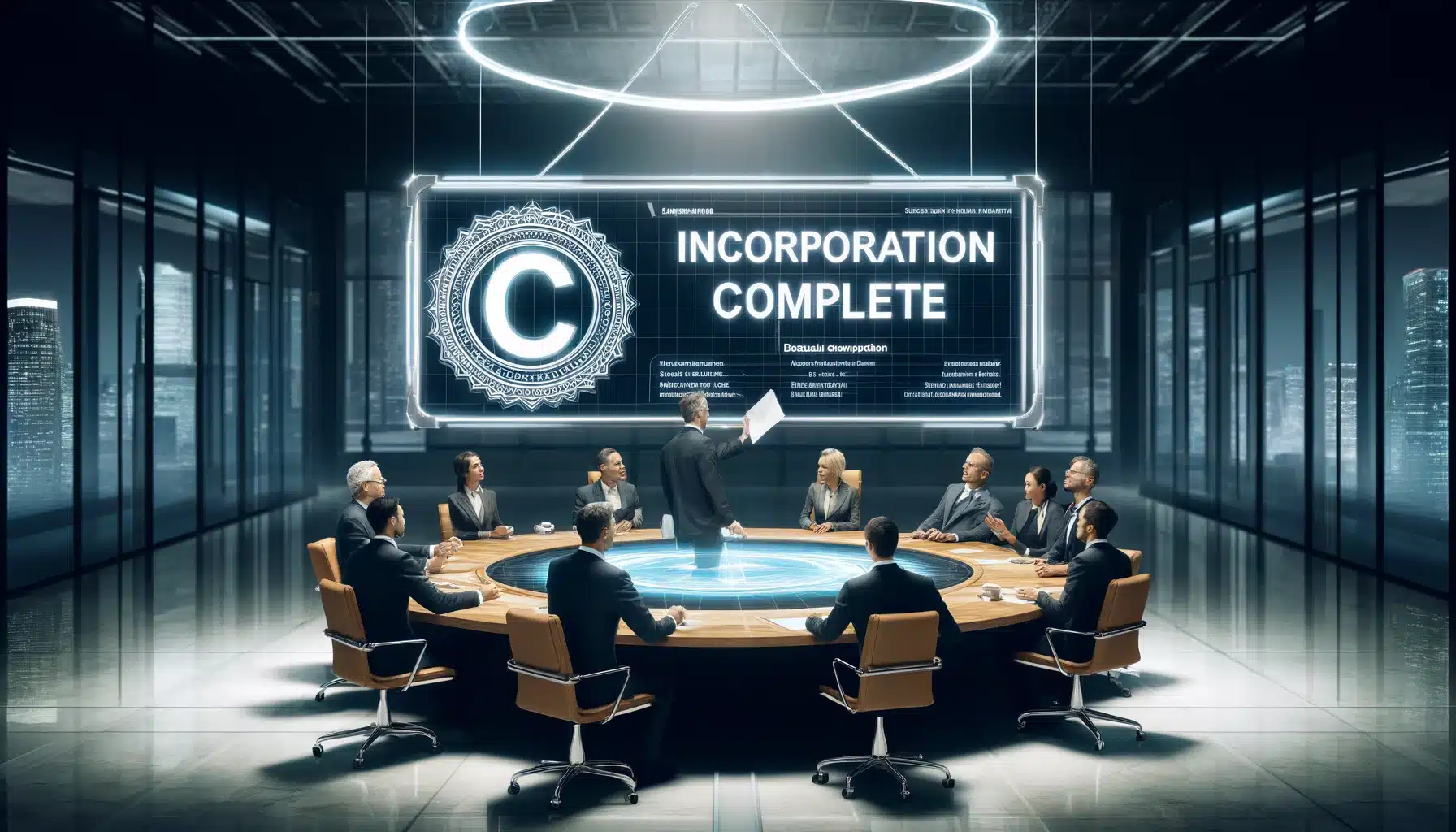 Business professionals celebrate the successful formation of a C Corporation.
