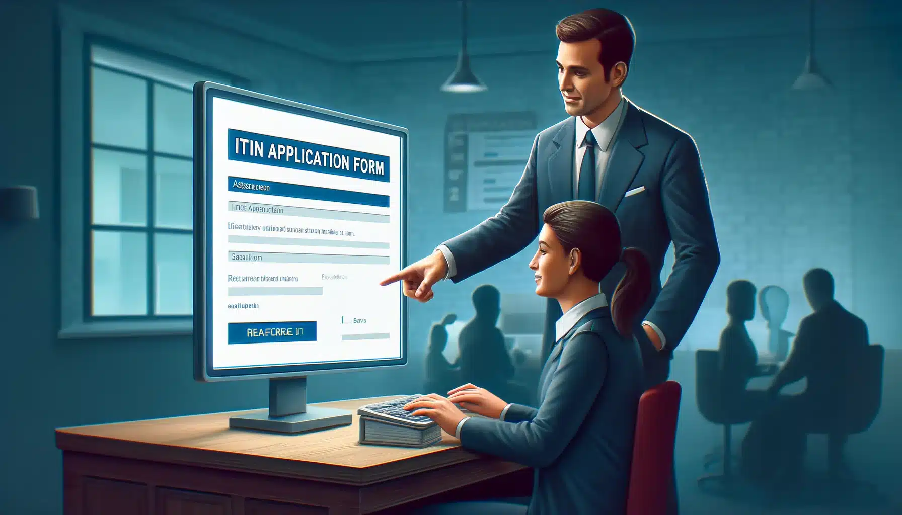 A client and a tax expert review an ITIN application form on a computer, symbolizing professional support.