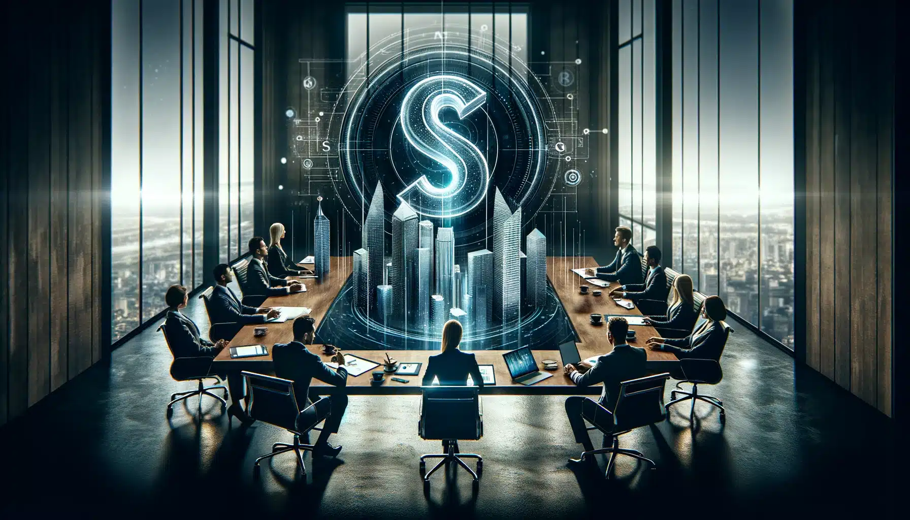 Business professionals engaged in strategic planning for S Corporation formation around a conference table.