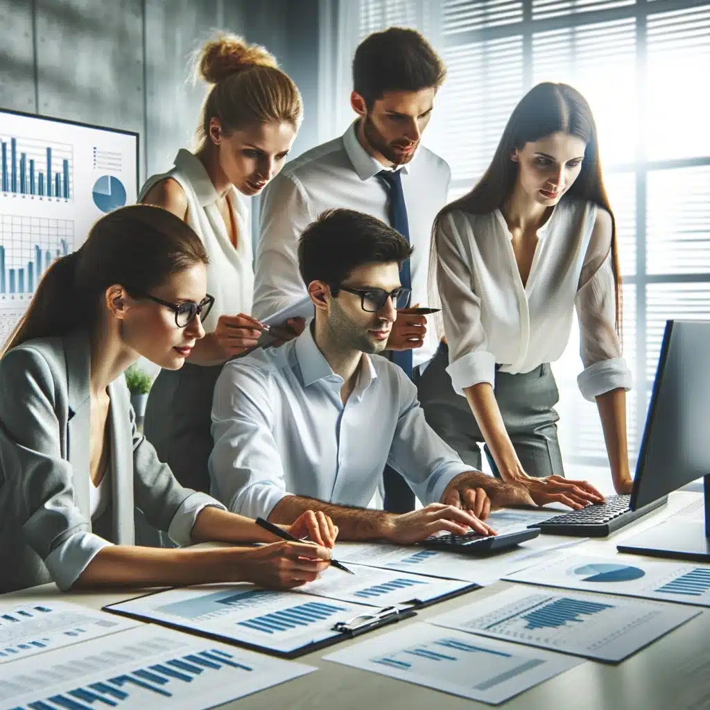 Team of tax professionals collaborating on business deductions in a modern office.