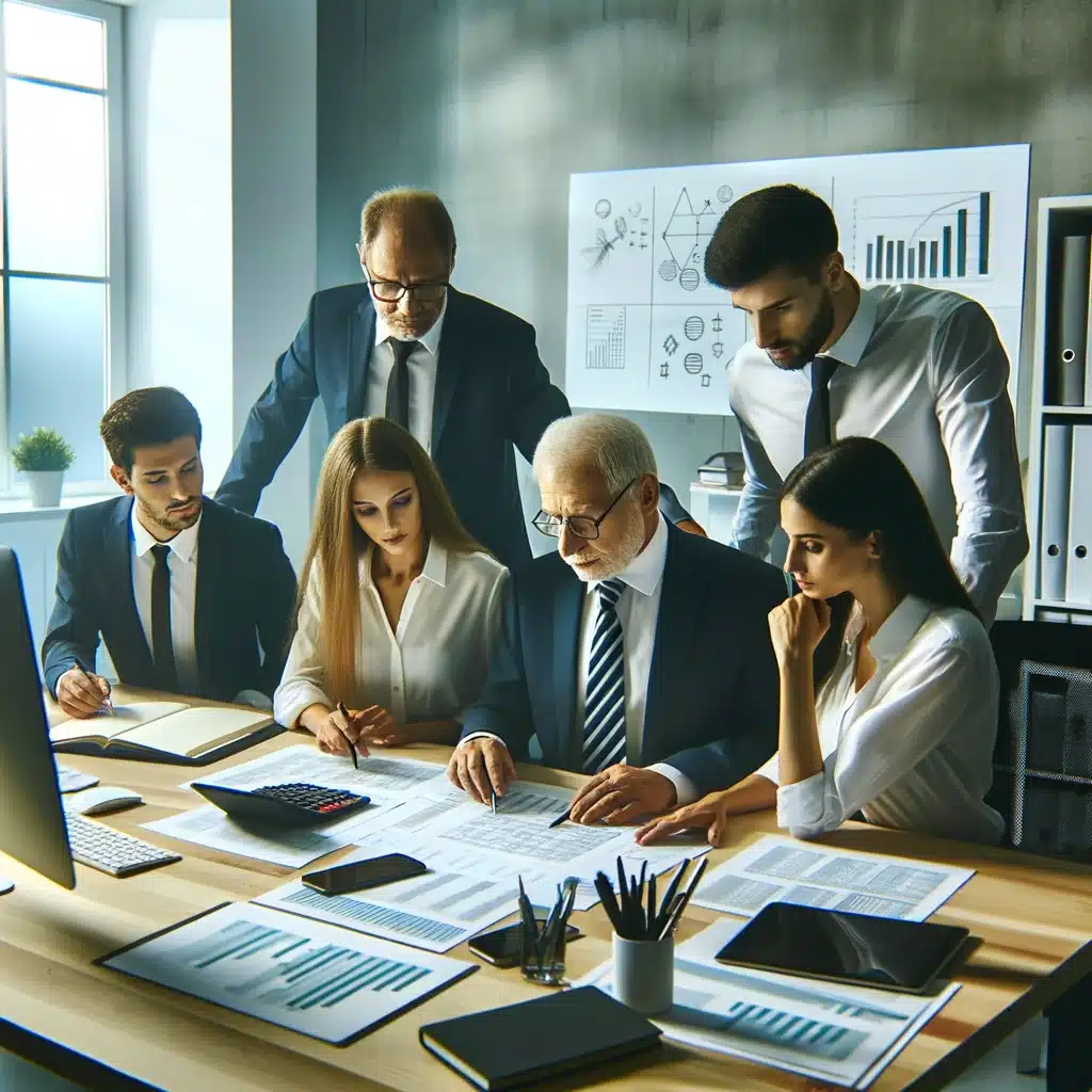 Team of tax professionals reviewing financial statements in a modern office.